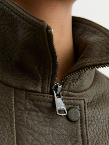 Oversize Grained-Leather Bomber Jacket in Khaki Green