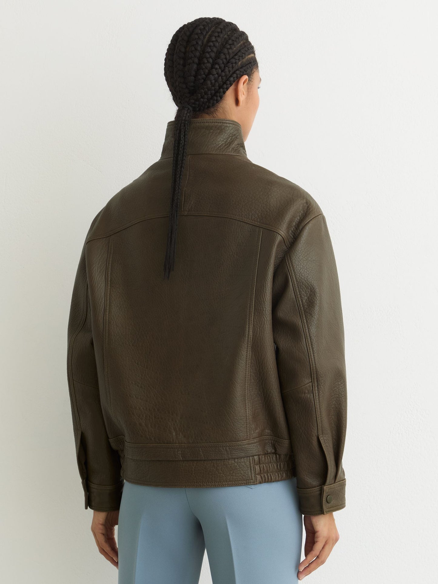Oversize Grained-Leather Bomber Jacket in Khaki Green