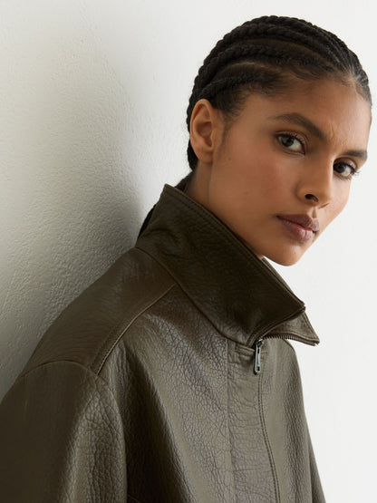 Oversize Grained-Leather Bomber Jacket in Khaki Green