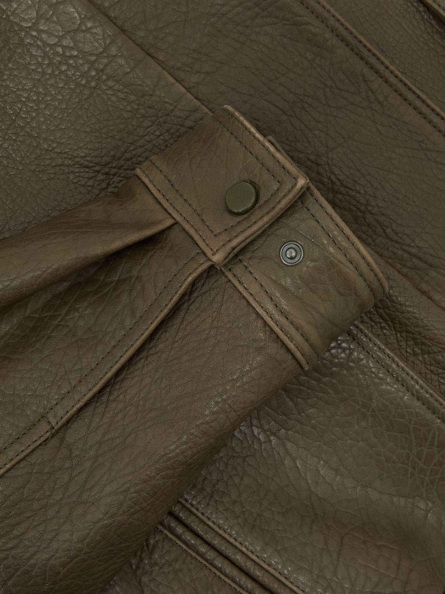 Oversize Grained-Leather Bomber Jacket in Khaki Green