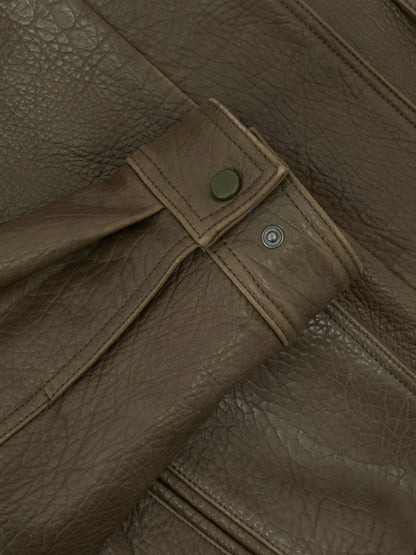 Oversize Grained-Leather Bomber Jacket in Khaki Green
