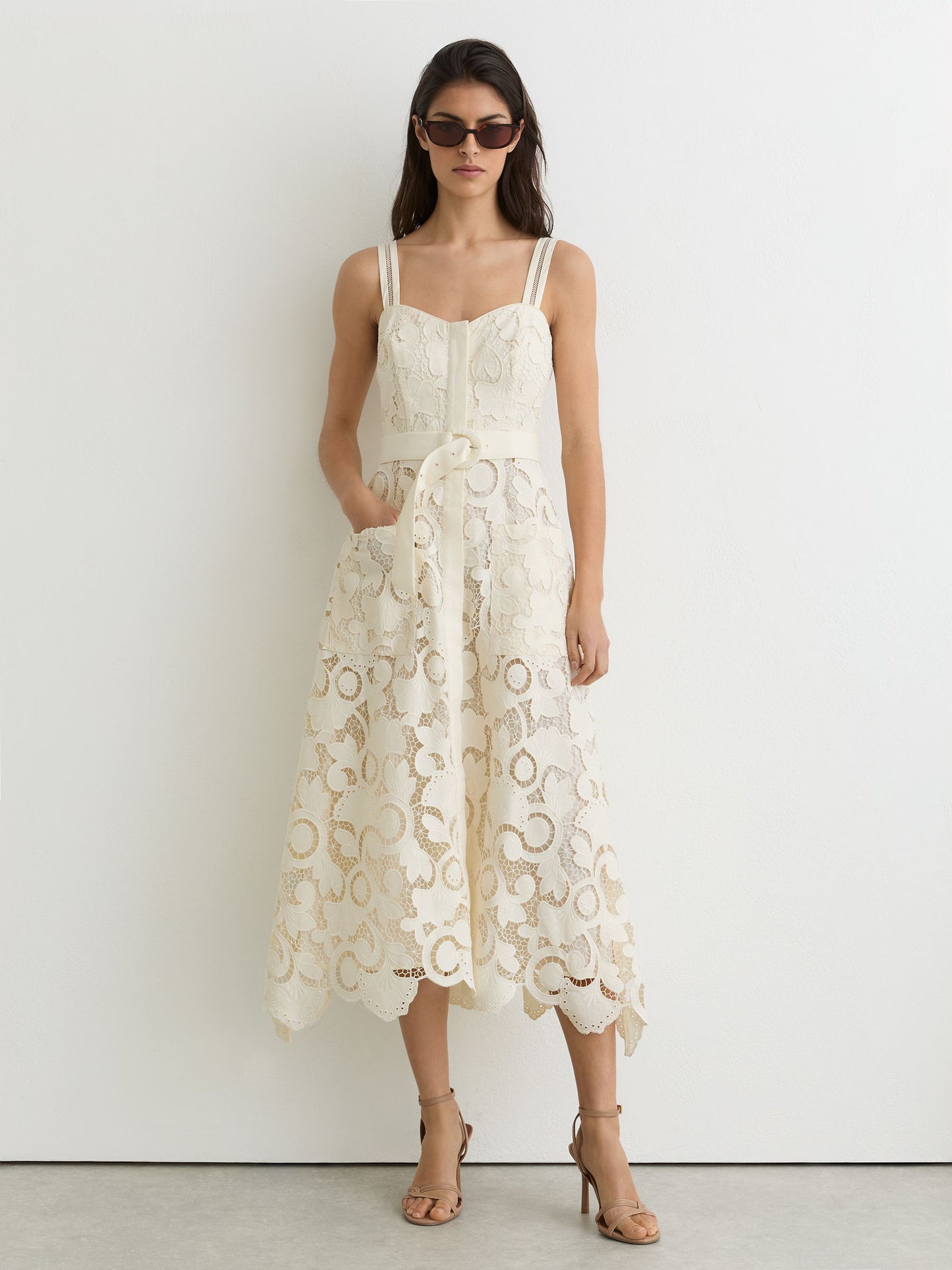 Cotton-Blend Lace Button-Front Midi Dress in Cream