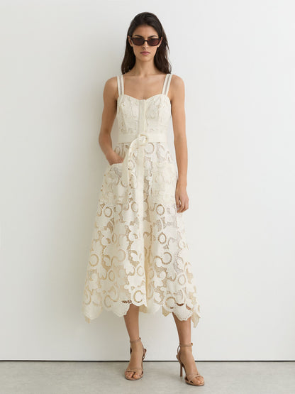 Cotton-Blend Lace Button-Front Midi Dress in Cream