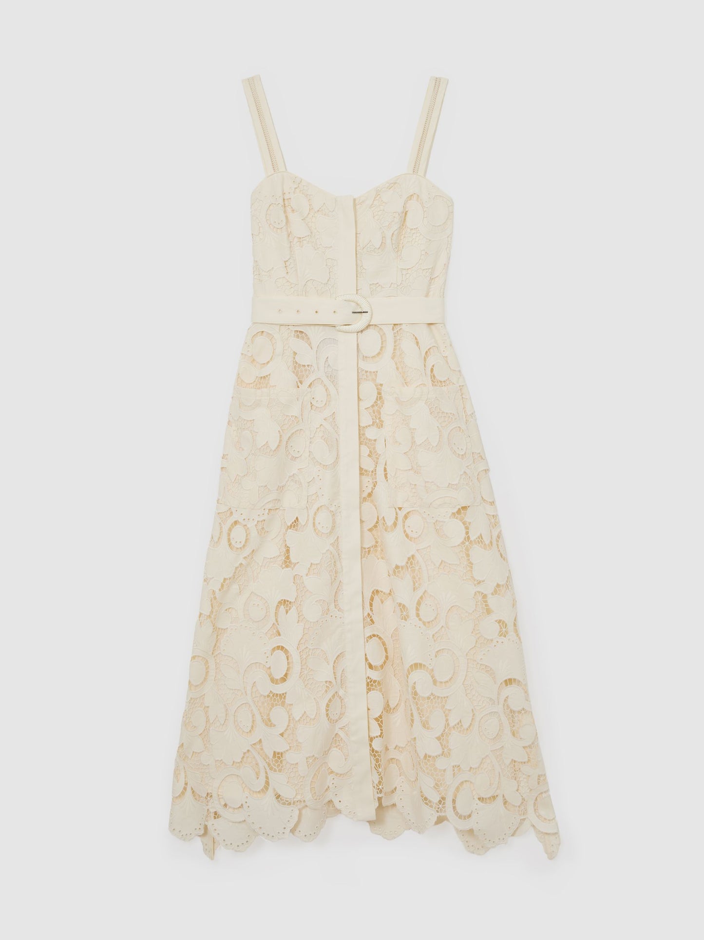 Cotton-Blend Lace Button-Front Midi Dress in Cream