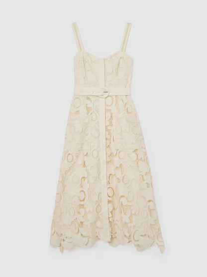 Cotton-Blend Lace Button-Front Midi Dress in Cream