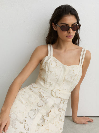 Cotton-Blend Lace Button-Front Midi Dress in Cream