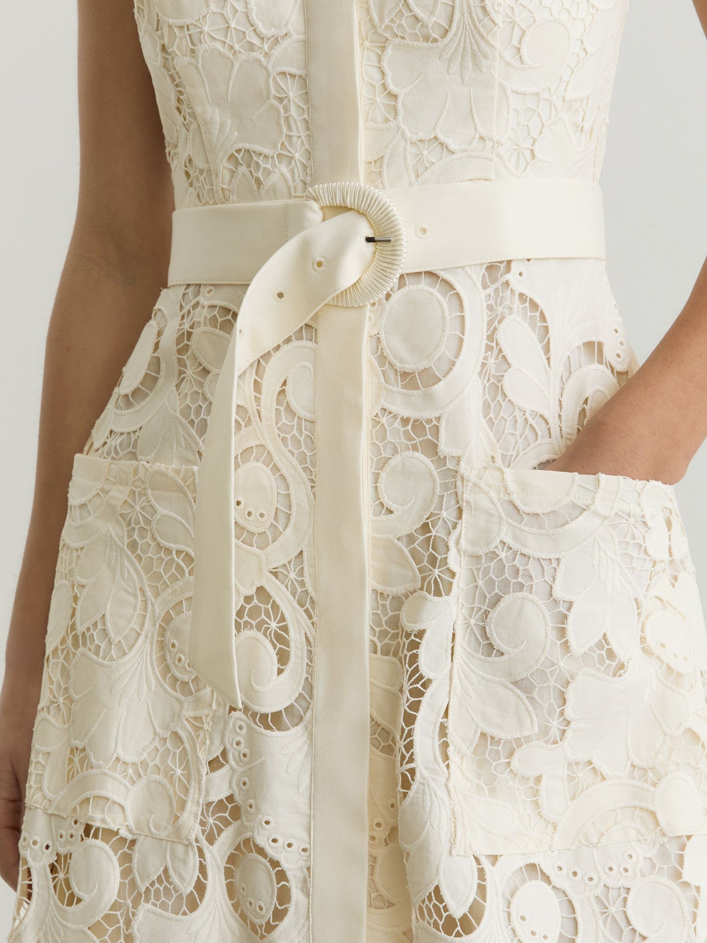 Cotton-Blend Lace Button-Front Midi Dress in Cream