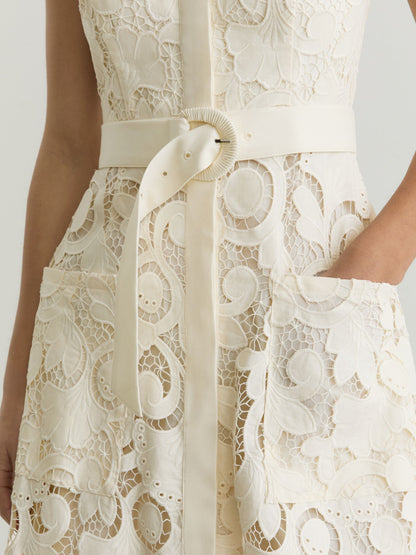Cotton-Blend Lace Button-Front Midi Dress in Cream