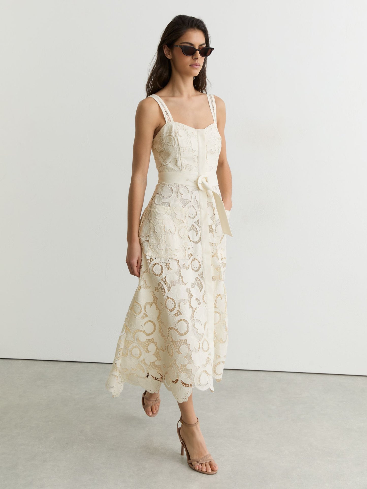Cotton-Blend Lace Button-Front Midi Dress in Cream