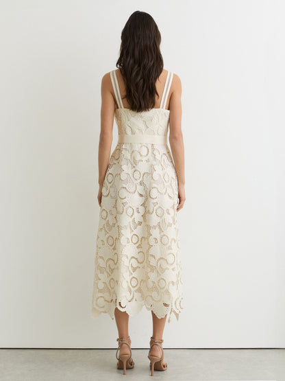 Cotton-Blend Lace Button-Front Midi Dress in Cream