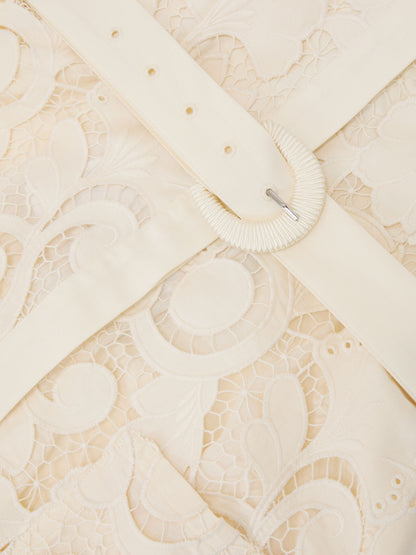 Cotton-Blend Lace Button-Front Midi Dress in Cream