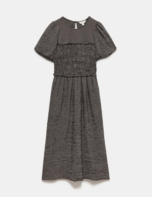 Gingham Puff Sleeve Midi Waisted Dress