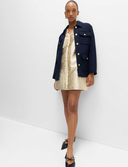 Gold Jacquard V-Neck Mini Shift Dress