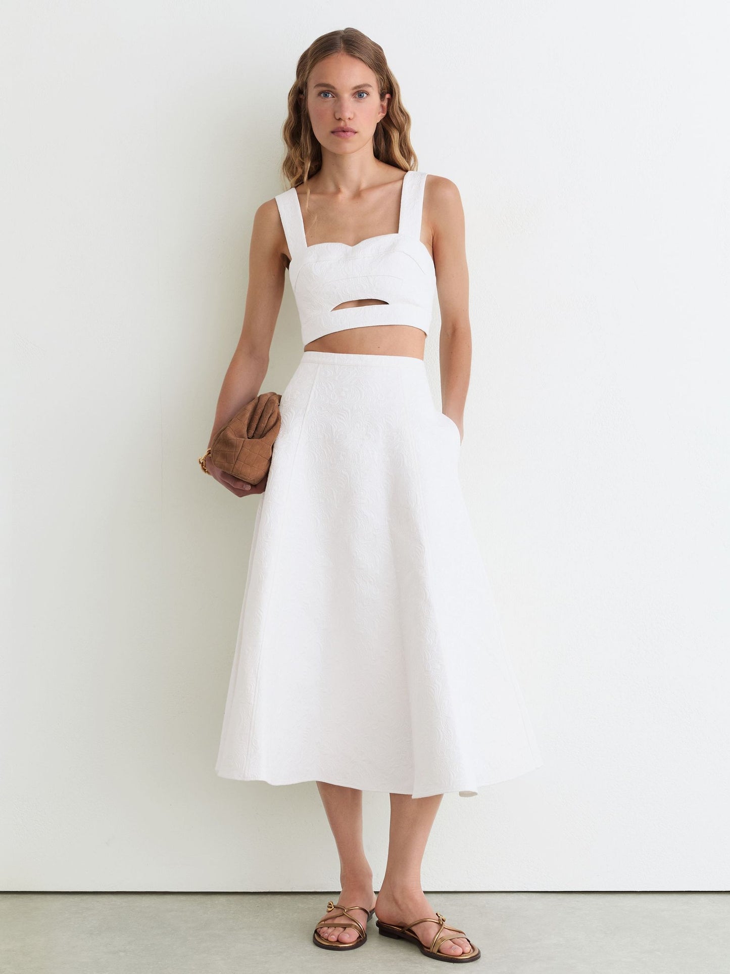 Cotton-Blend Jacquard Midi Skirt in Ivory