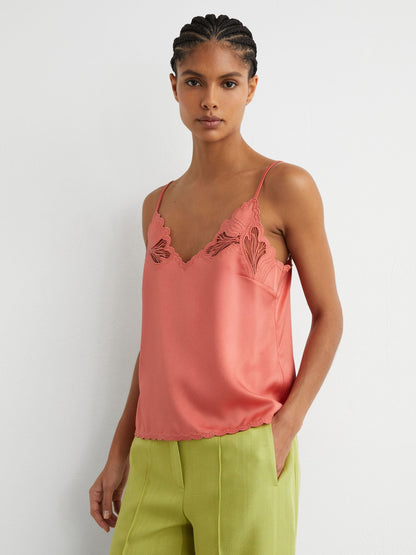 Satin Lace-Detail Cami Top in Coral Pink
