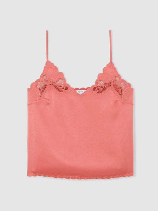 Satin Lace-Detail Cami Top in Coral Pink