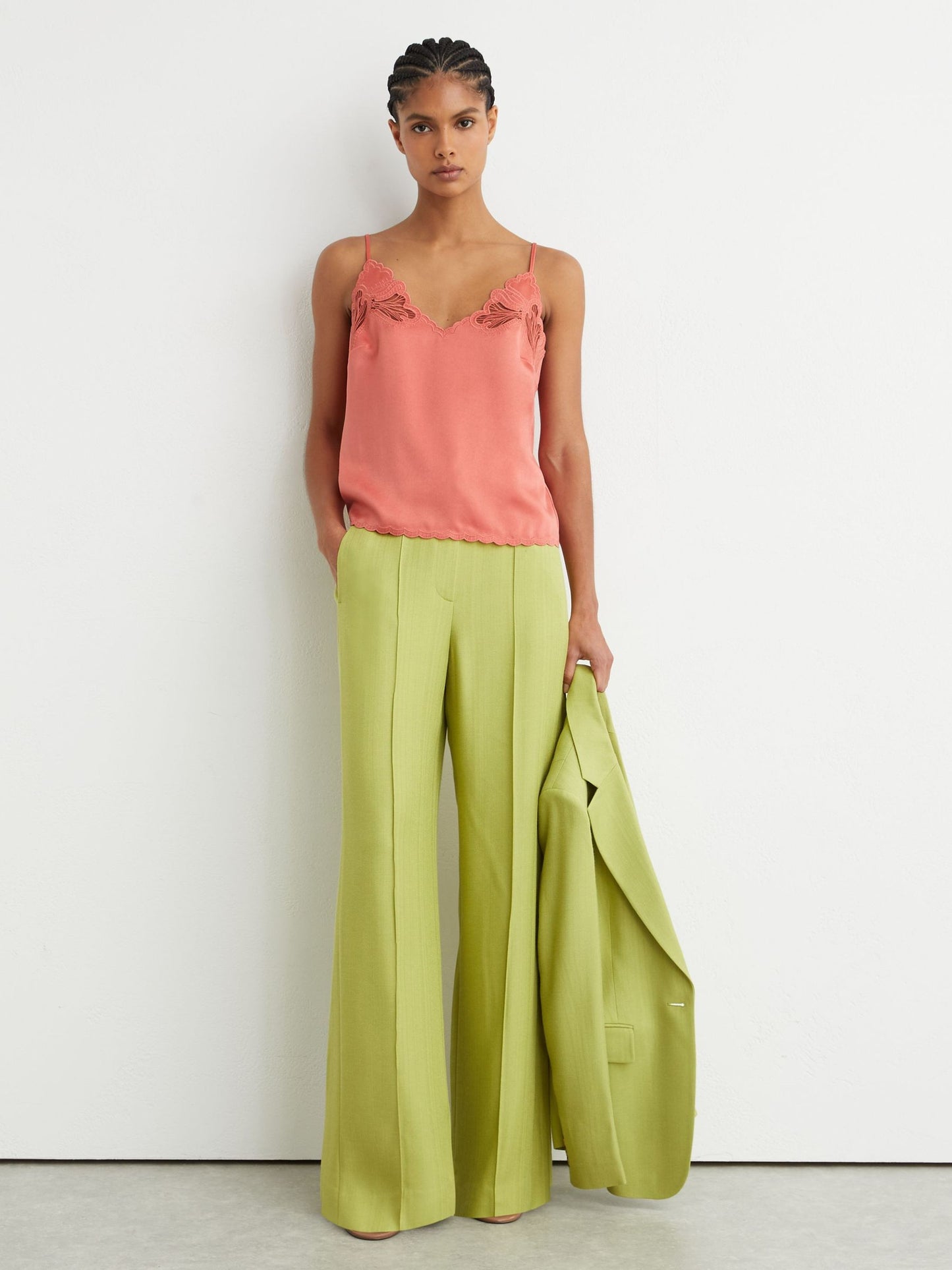 Satin Lace-Detail Cami Top in Coral Pink