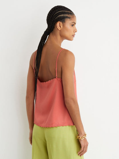 Satin Lace-Detail Cami Top in Coral Pink