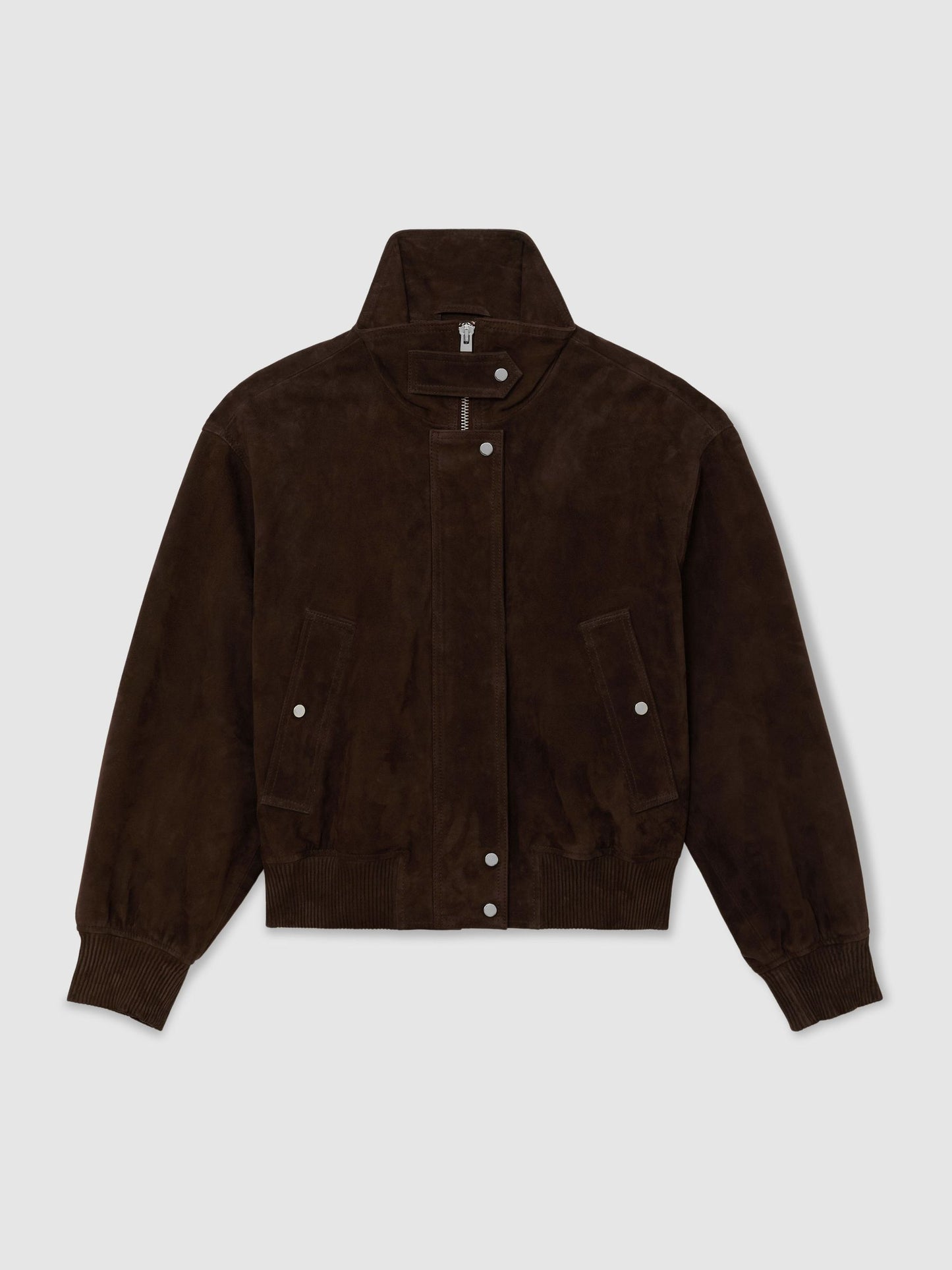 Suede Funnel-Neck Bomber Jacket in Chocolate Brown