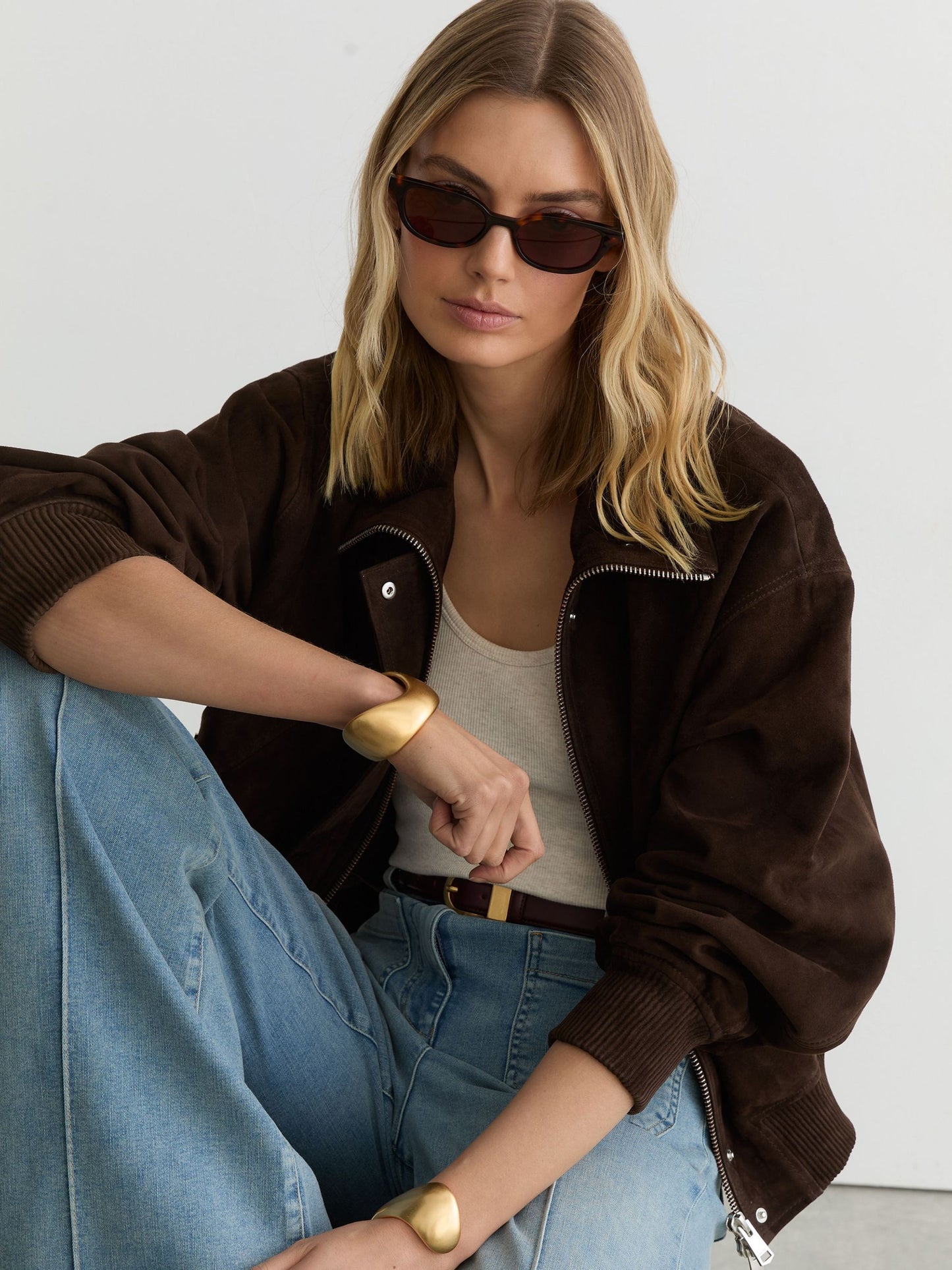 Suede Funnel-Neck Bomber Jacket in Chocolate Brown