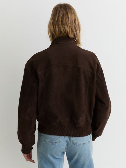 Suede Funnel-Neck Bomber Jacket in Chocolate Brown