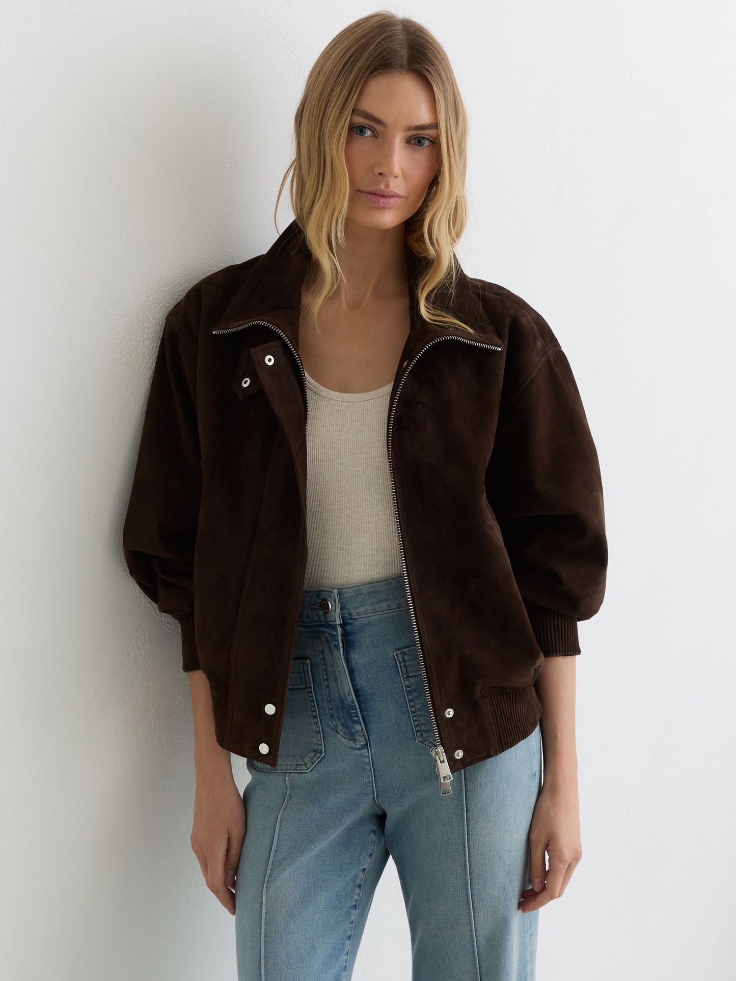 Suede Funnel-Neck Bomber Jacket in Chocolate Brown