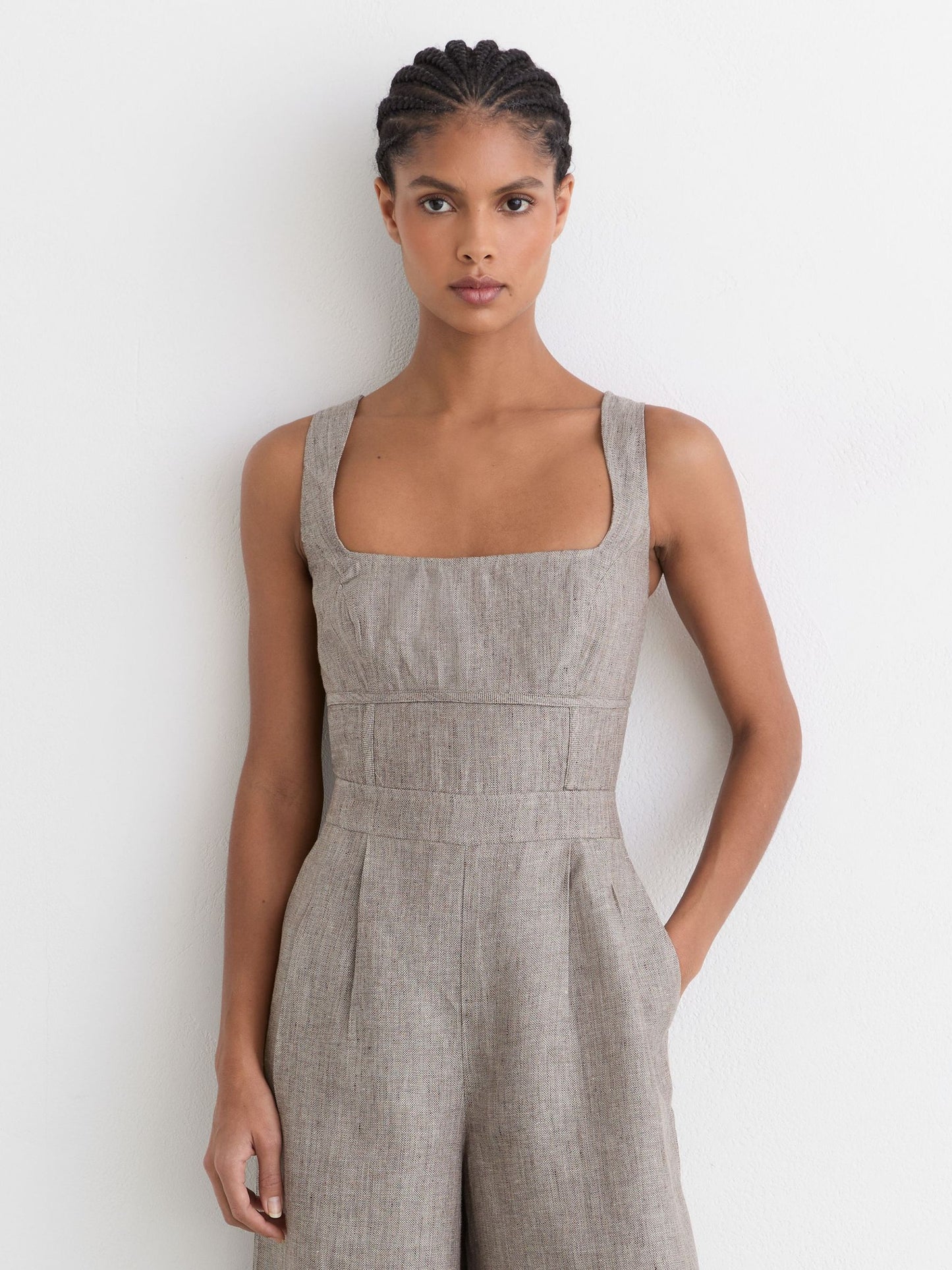 Linen Structured Wide-Leg Jumpsuit in Neutral