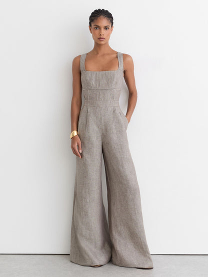 Linen Structured Wide-Leg Jumpsuit in Neutral