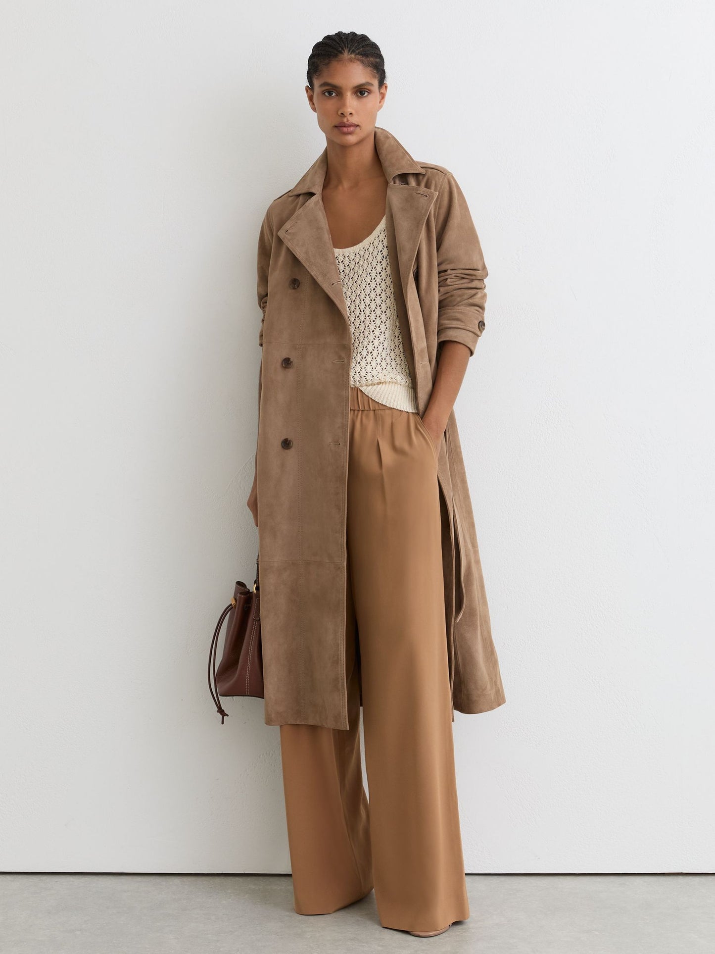 Suede Double-Breasted Trench Coat in Neutral