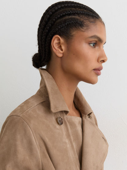 Suede Double-Breasted Trench Coat in Neutral