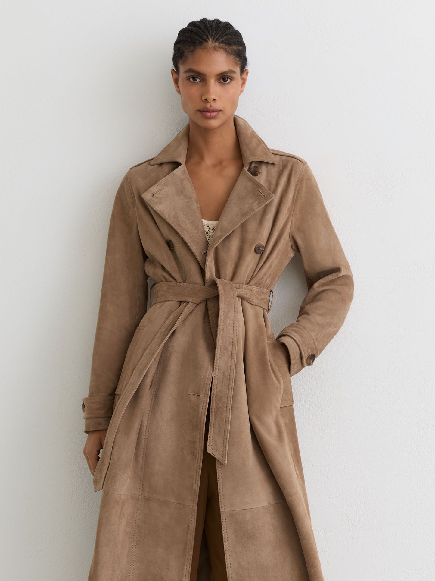 Suede Double-Breasted Trench Coat in Neutral