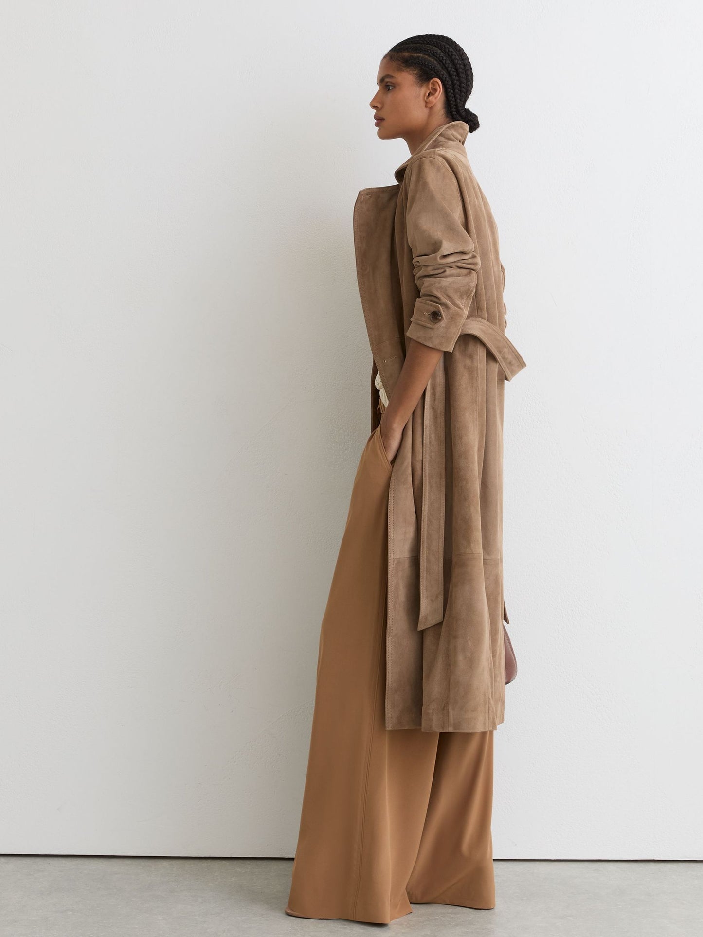 Suede Double-Breasted Trench Coat in Neutral