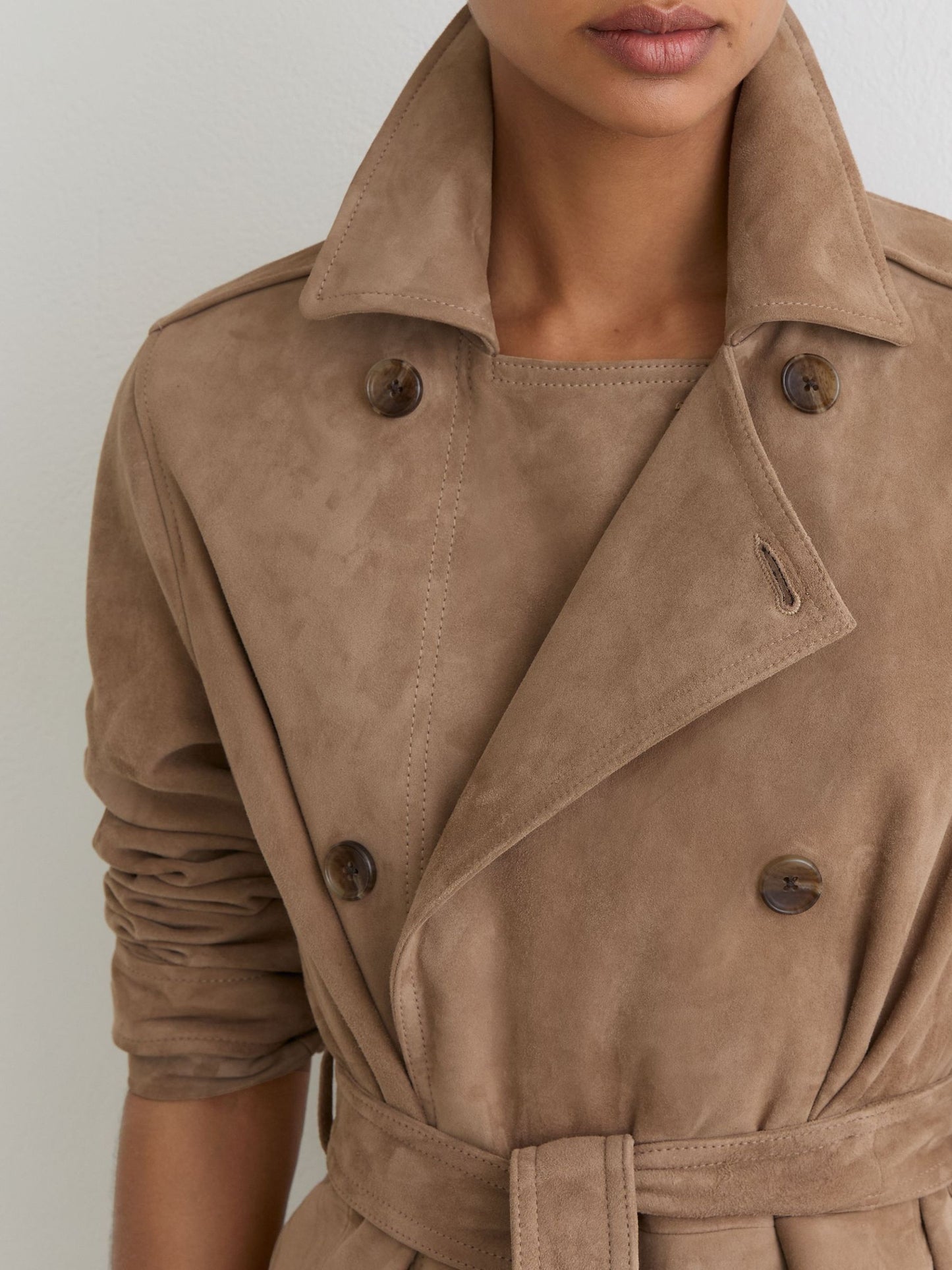 Suede Double-Breasted Trench Coat in Neutral