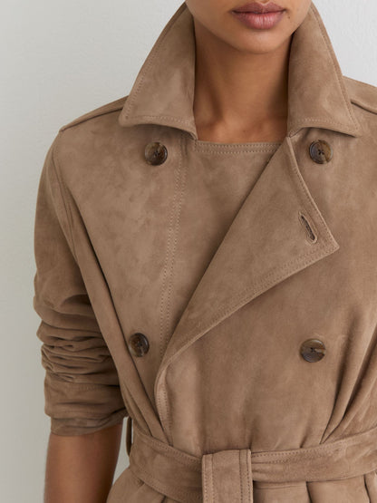 Suede Double-Breasted Trench Coat in Neutral