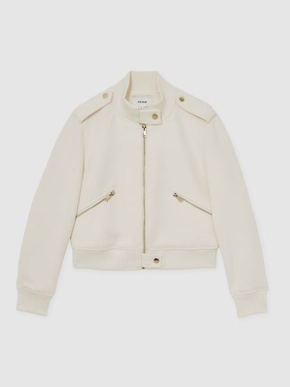 Brushed Wool Epaulette Bomber Jacket in Cream