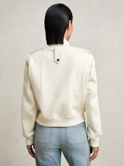 Brushed Wool Epaulette Bomber Jacket in Cream