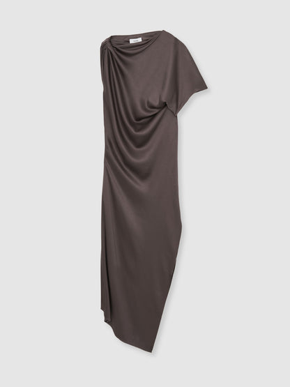 Satin Asymmetric Draped Midi Dress in Mauve