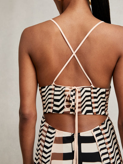 Chevron-Stripe Ruched Midi Dress in Black/Brown