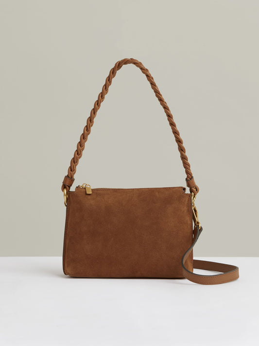 Suede Plaited-Strap Crossbody Bag in Tan
