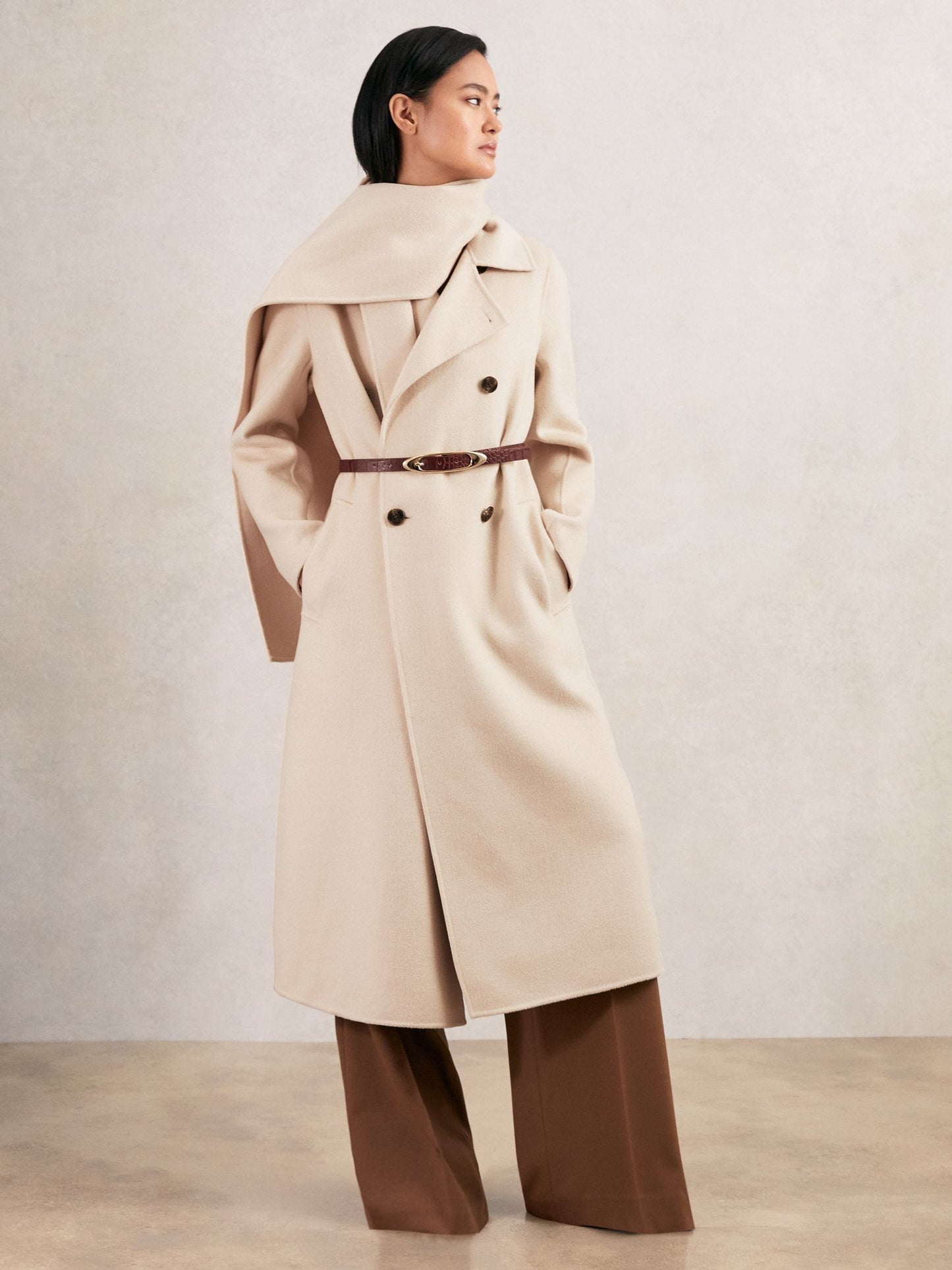 Wool-Blend Scarf Blindseam Coat in Cream