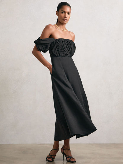 Bardot Sculpted Bodice Midi Dress With Linen