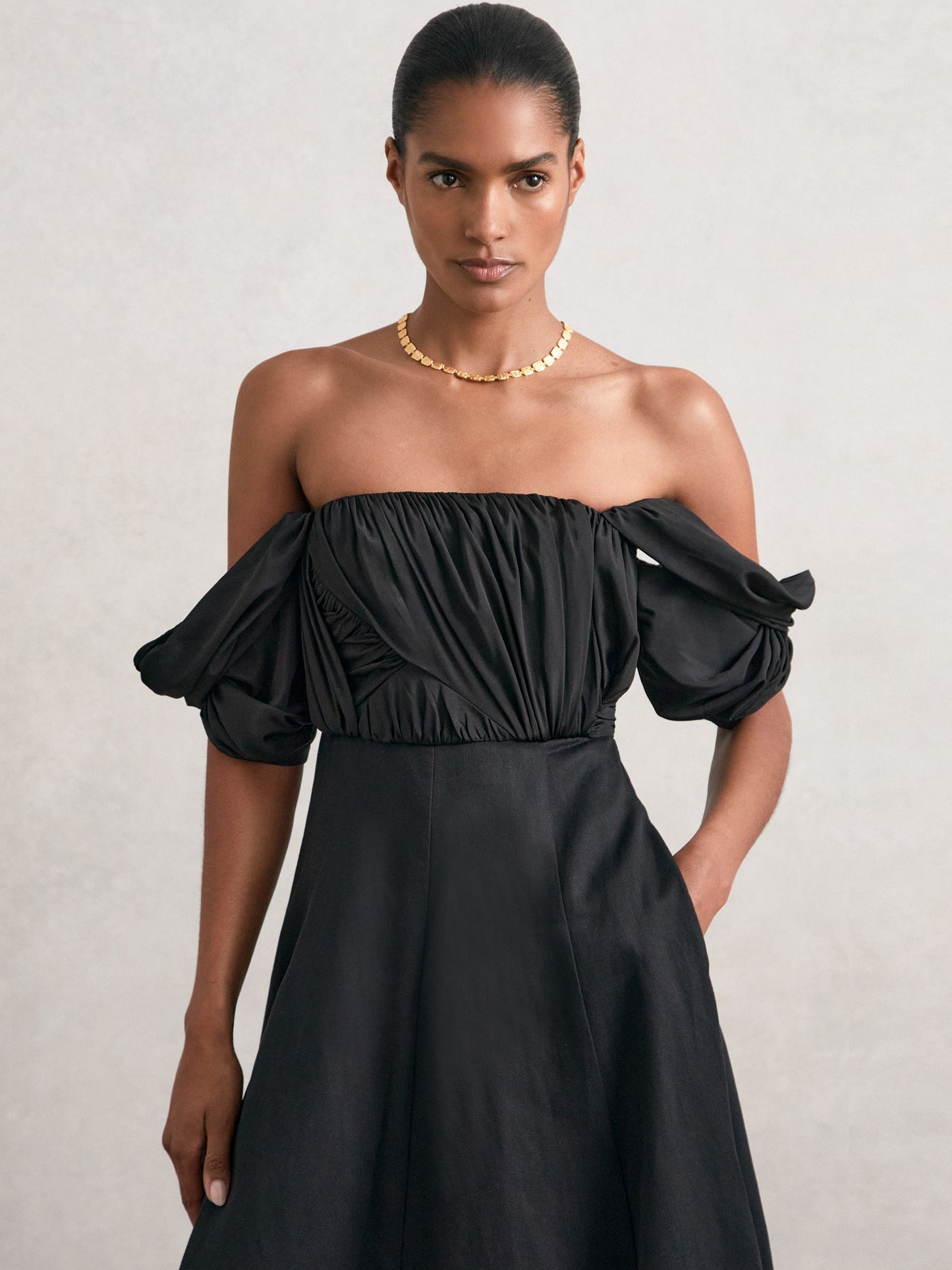 Bardot Sculpted Bodice Midi Dress With Linen