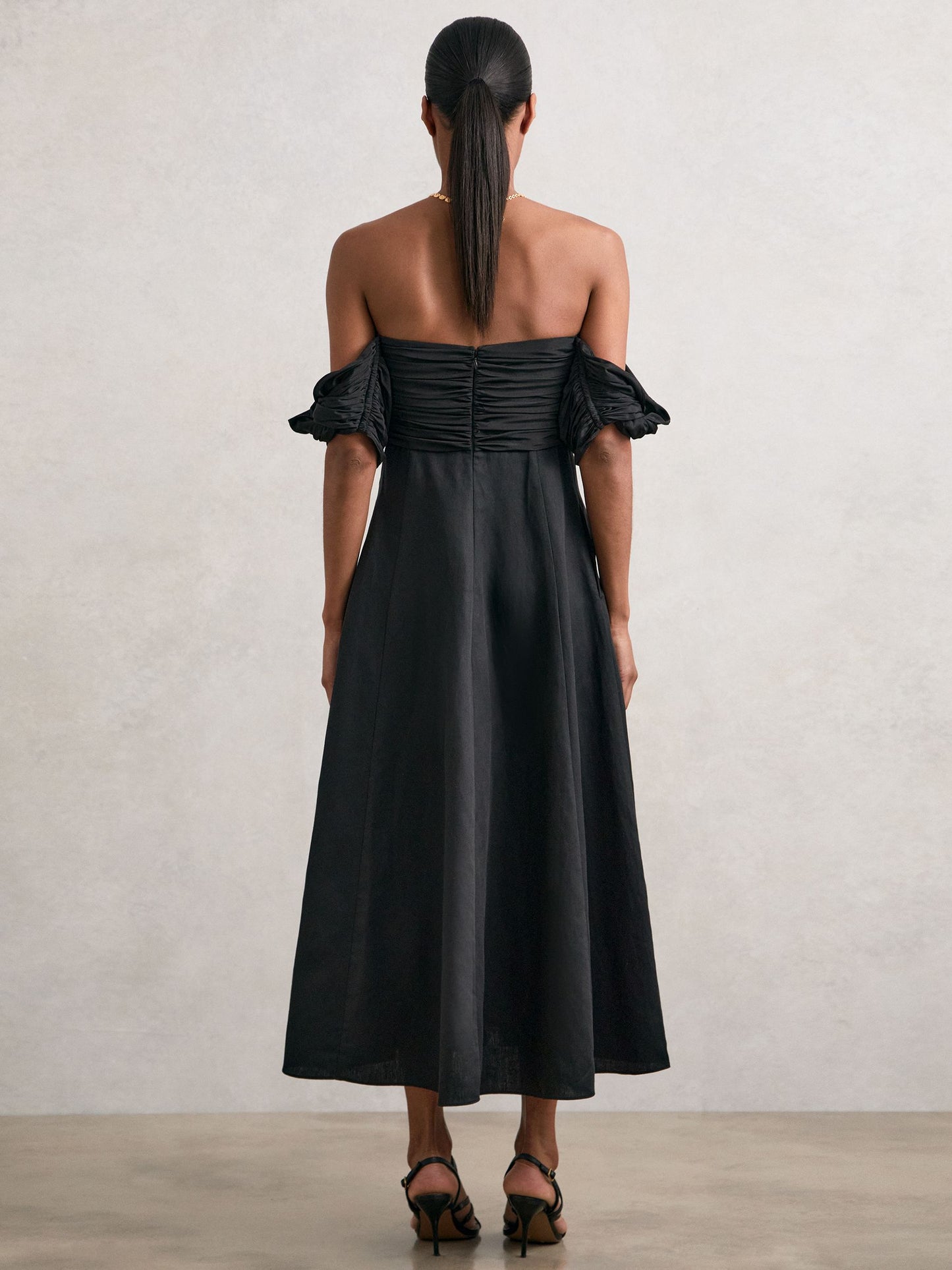 Bardot Sculpted Bodice Midi Dress With Linen