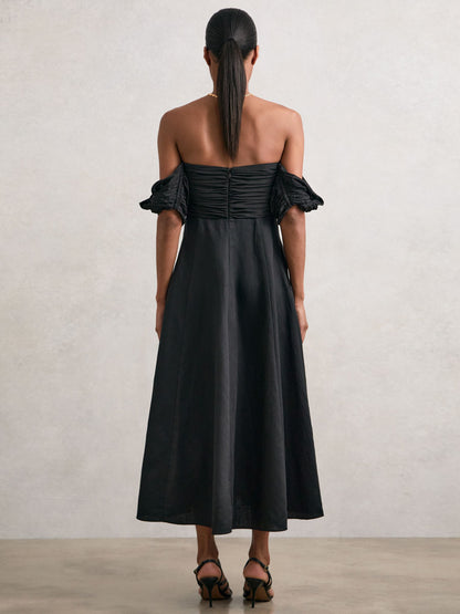 Bardot Sculpted Bodice Midi Dress With Linen