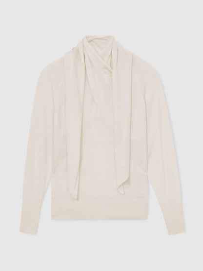 Wool Scarf-Tie Draped Jumper in Cream