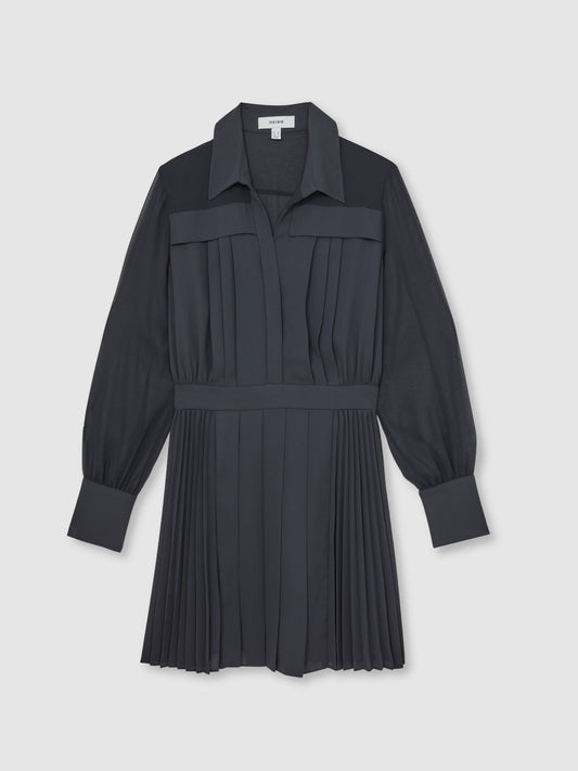 Pleated Sheer-Sleeve Mini Dress in Navy
