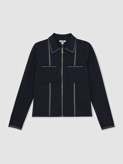 Stitch-Detail Zip-Through Cardigan in Navy