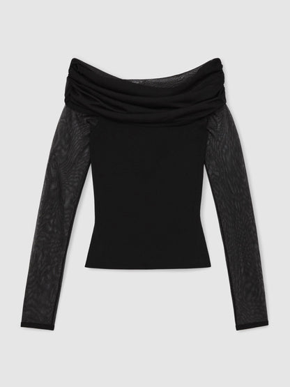 Sheer Mesh Bardot Top in Black
