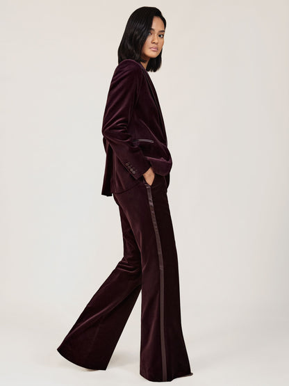 Velvet Tuxedo-Stripe Flared Trousers in Burgundy