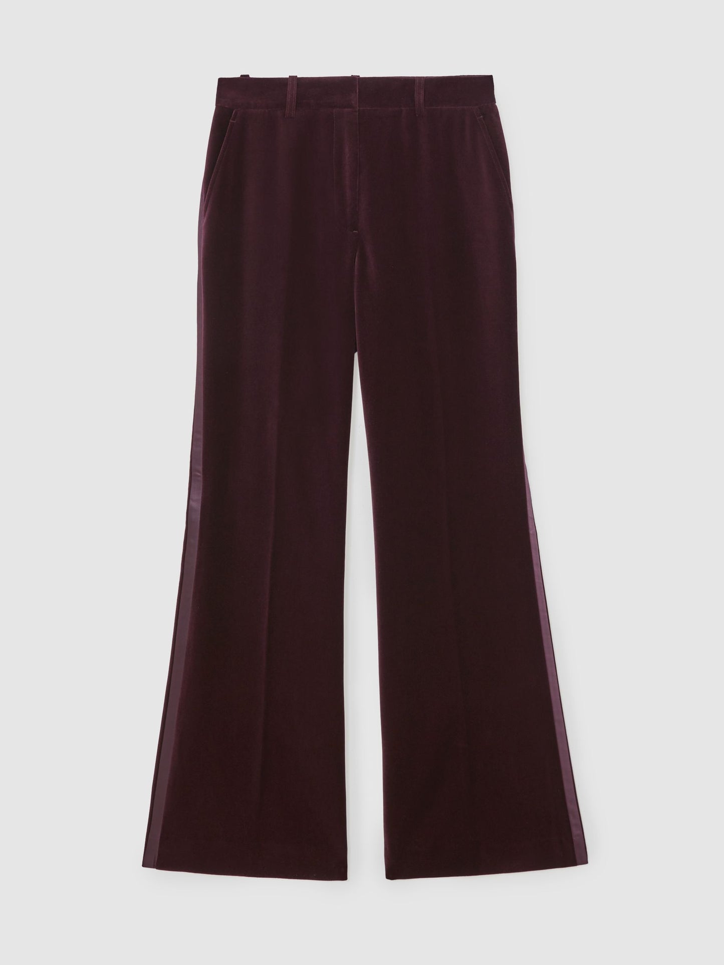Velvet Tuxedo-Stripe Flared Trousers in Burgundy